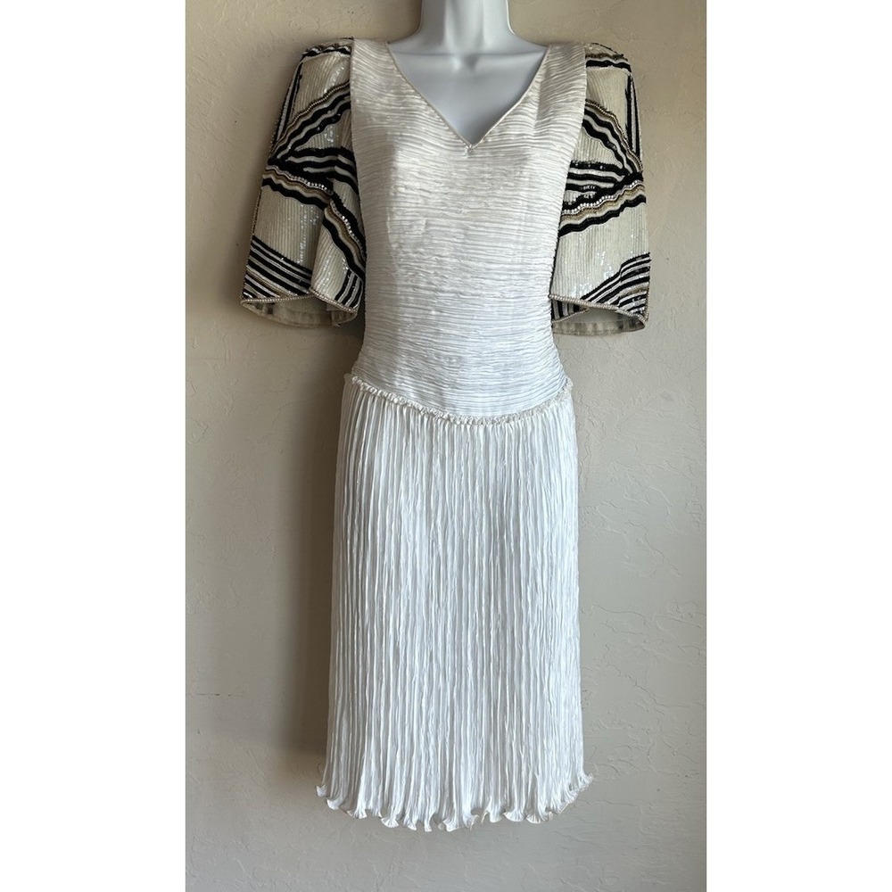 Vintage 80s Mary McFadden Couture Pleated Plisse Goddess Dress 14 Beaded Sleeves